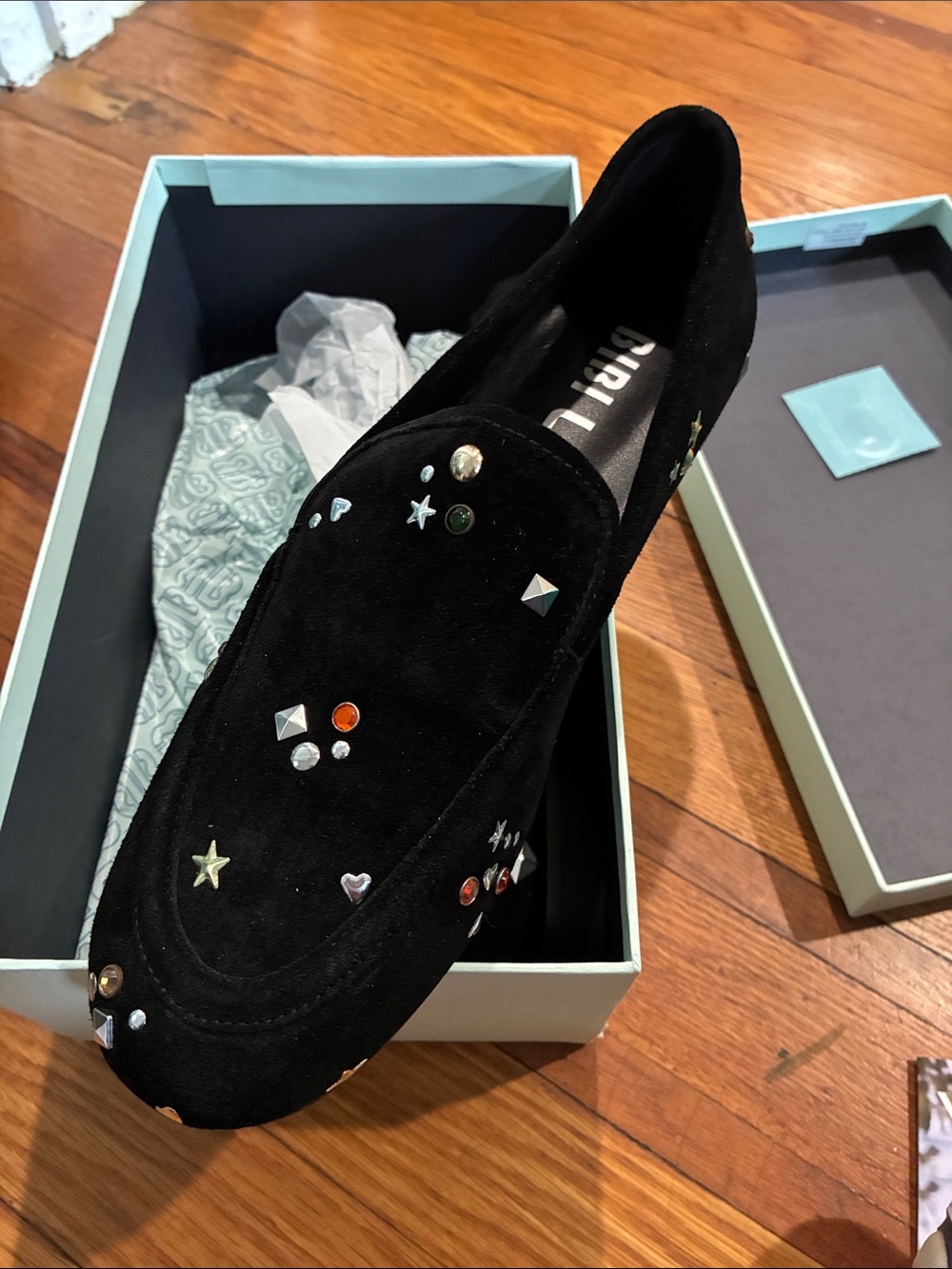 Black Studded Suede Loafers - Women's Flats